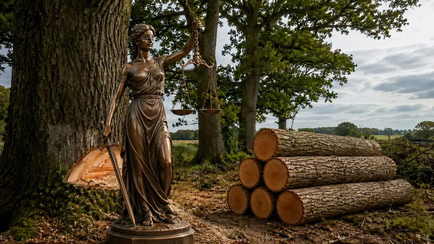 KI-generiertes Symbolbild: Gefällte Bäume zusammen mit einer Figur der Justitia.
