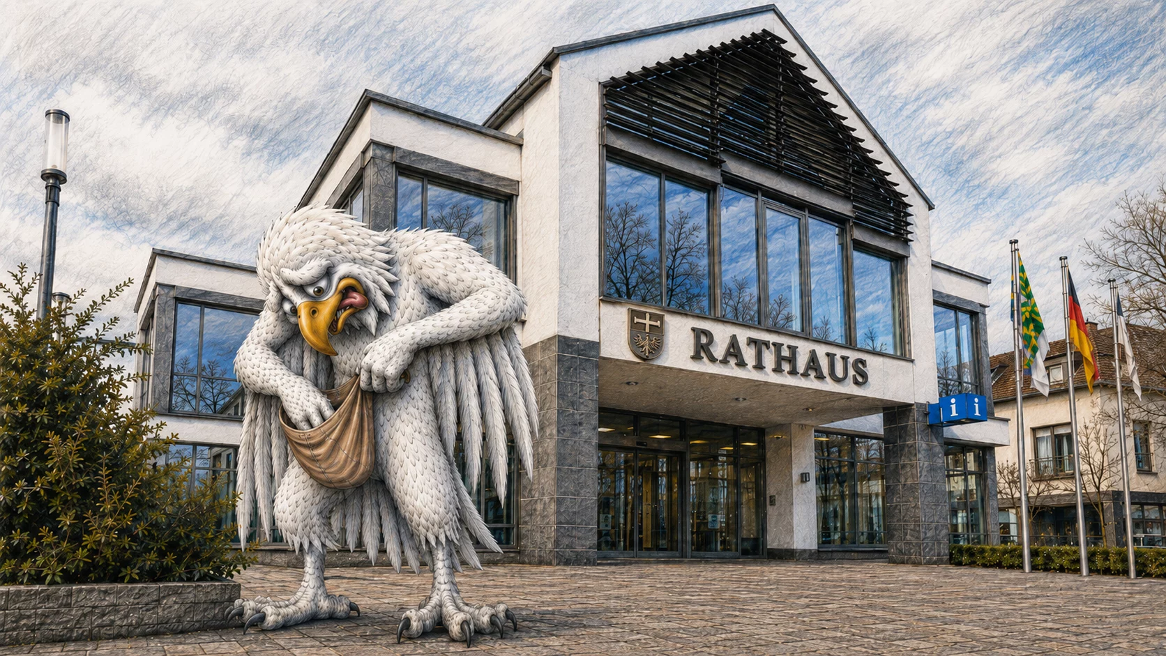 KI-generierte Karikatur: Der Möhnesee-Adler kramt nach Geld.
